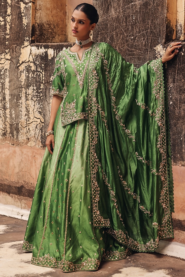 Green Pure Silk Zardosi Embroidered Wedding Lehenga Set by Vinita Bhansali at Pernia's Pop Up Shop