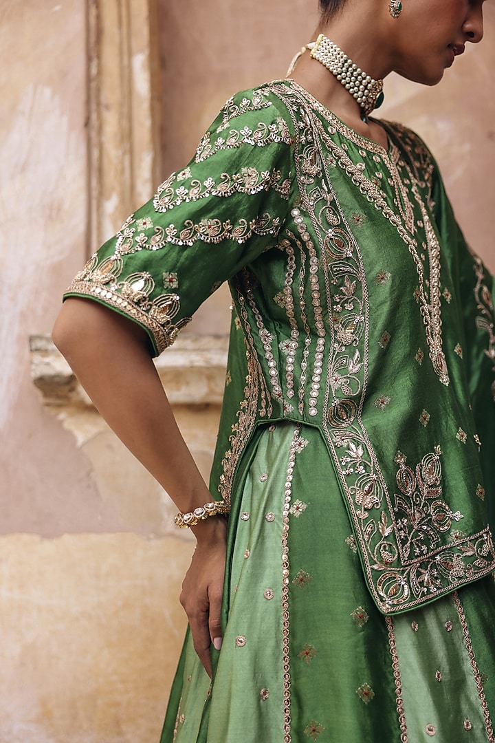 Green Pure Silk Zardosi Embroidered Wedding Lehenga Set by Vinita Bhansali at Pernia's Pop Up Shop