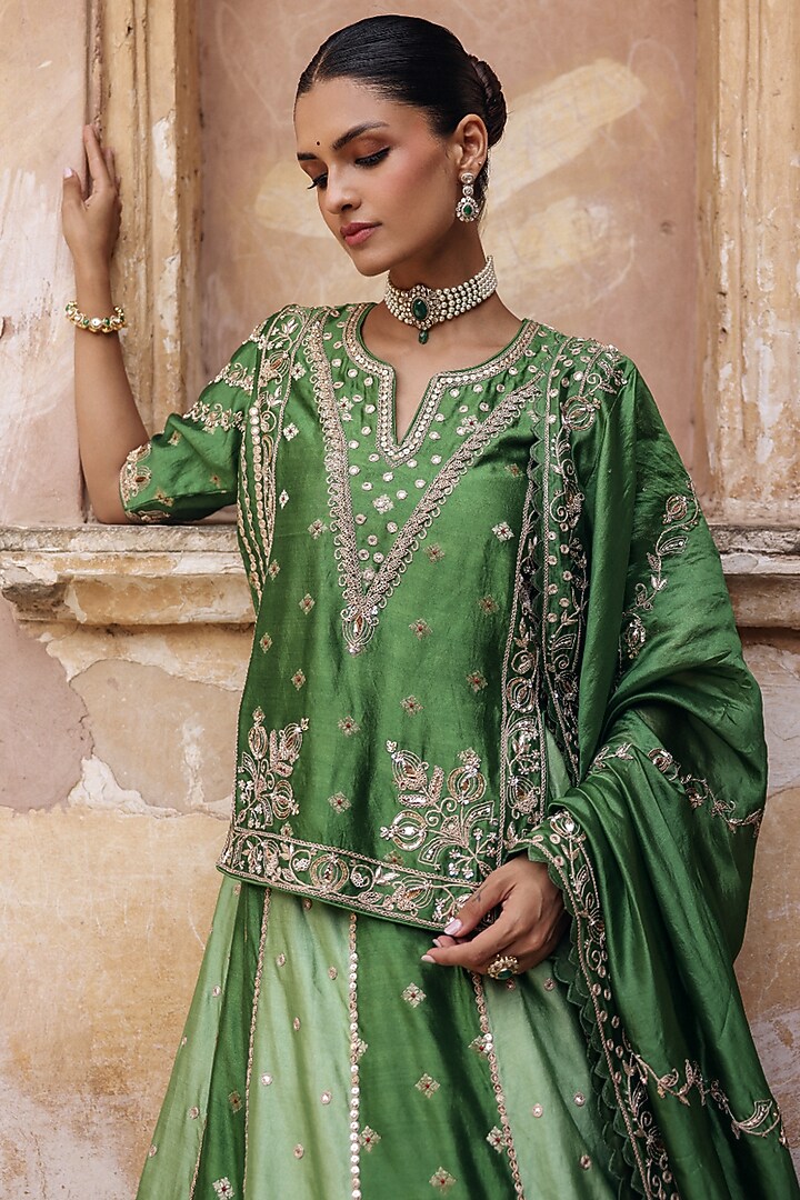 Green Pure Silk Zardosi Embroidered Wedding Lehenga Set by Vinita Bhansali at Pernia's Pop Up Shop