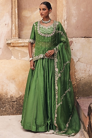 Green Pure Silk Zardosi Embroidered Lehenga Set by Vinita Bhansali