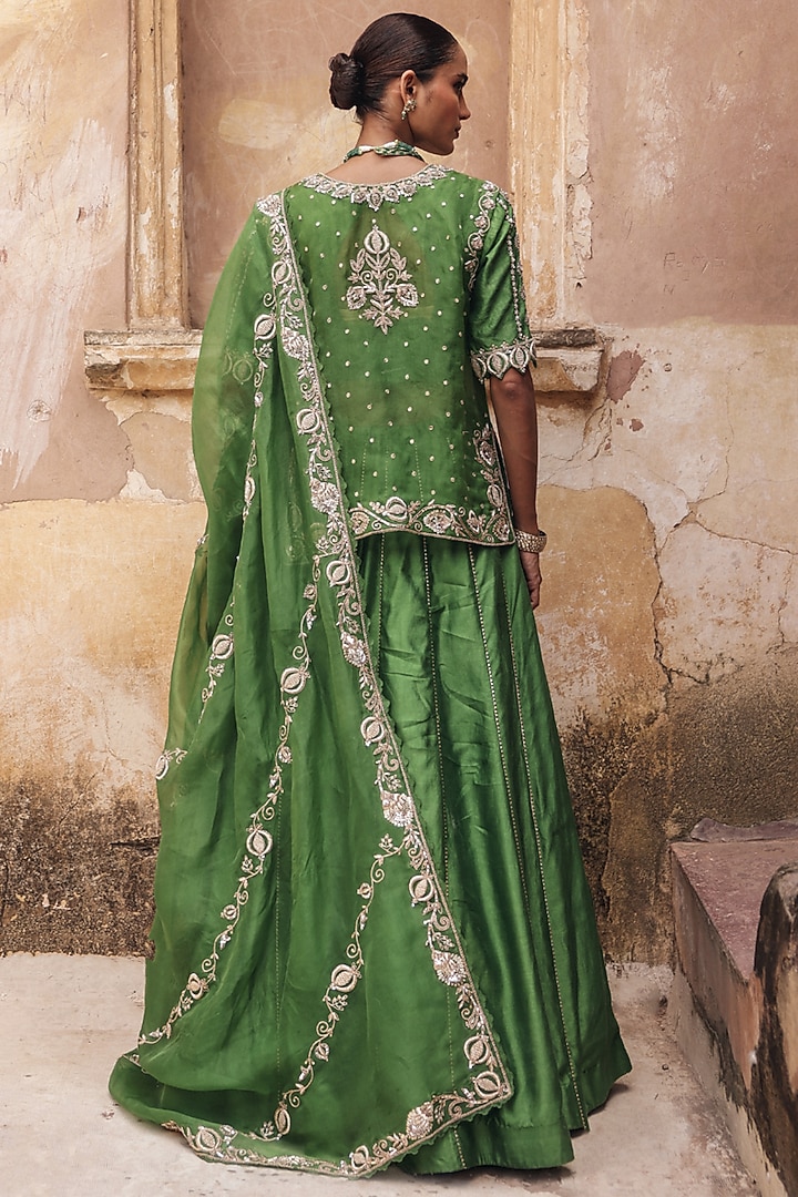 Green Pure Silk Zardosi Embroidered Wedding Lehenga Set by Vinita Bhansali at Pernia's Pop Up Shop