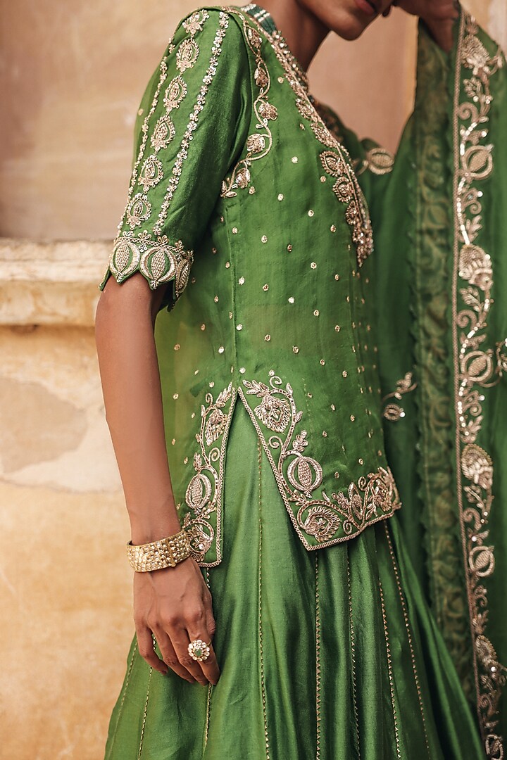 Green Pure Silk Zardosi Embroidered Wedding Lehenga Set by Vinita Bhansali at Pernia's Pop Up Shop