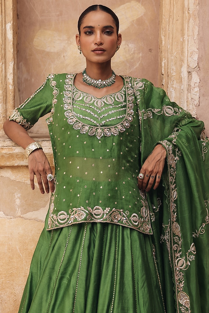 Green Pure Silk Zardosi Embroidered Wedding Lehenga Set by Vinita Bhansali at Pernia's Pop Up Shop