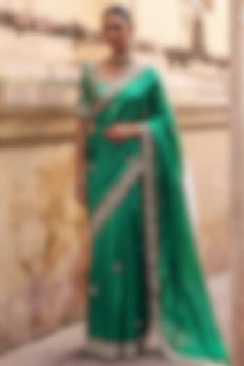 Green Pure Silk Zardosi Embroidered Reception Saree Set by Vinita Bhansali at Pernia's Pop Up Shop
