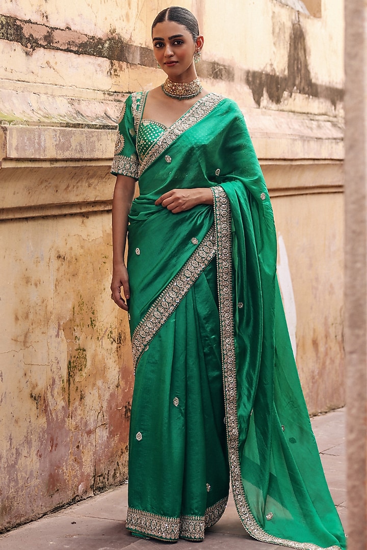 Green Pure Silk Zardosi Embroidered Reception Saree Set by Vinita Bhansali at Pernia's Pop Up Shop