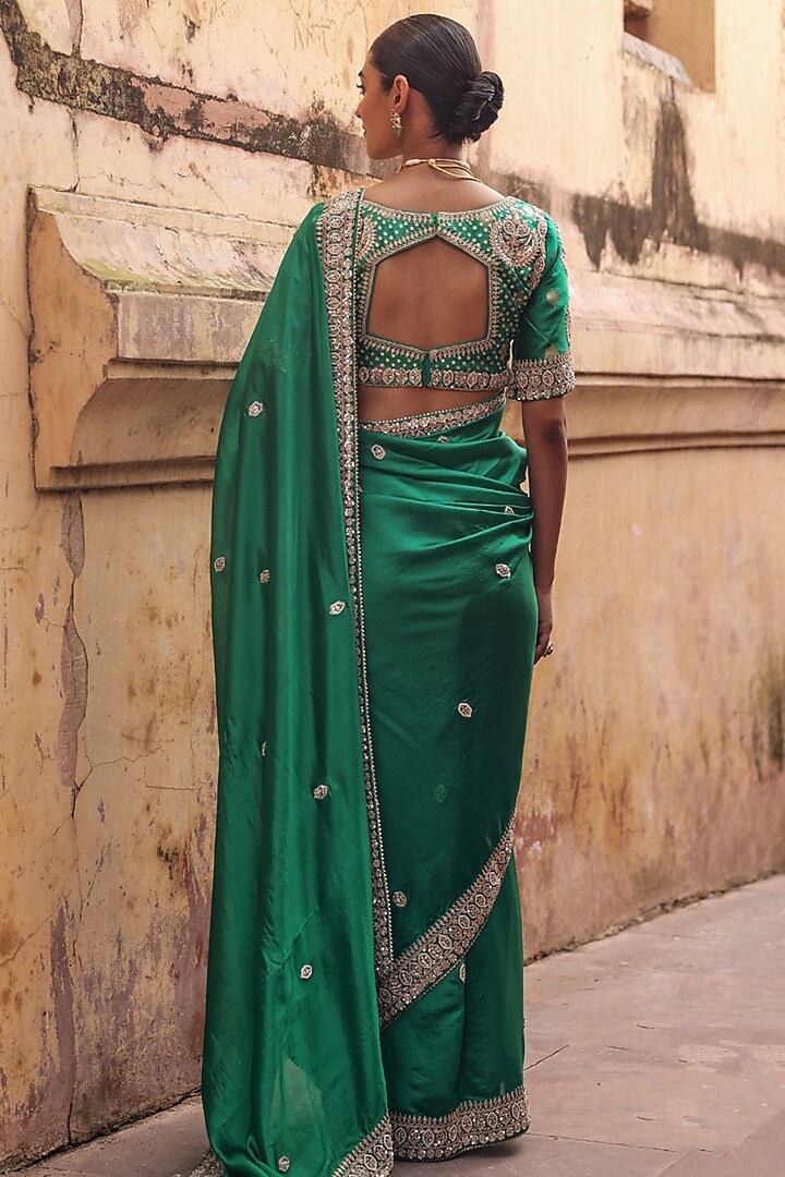 Green Pure Silk Zardosi Embroidered Reception Saree Set by Vinita Bhansali at Pernia's Pop Up Shop