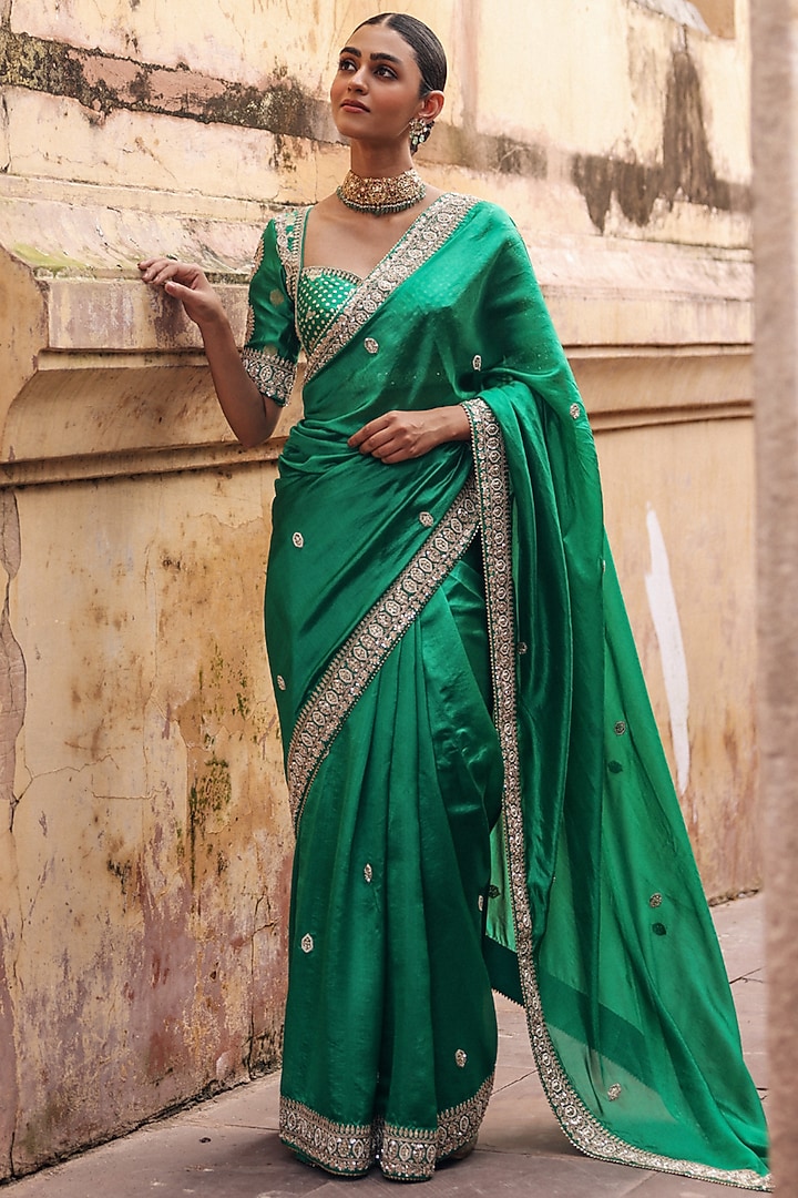 Green Pure Silk Zardosi Embroidered Reception Saree Set by Vinita Bhansali at Pernia's Pop Up Shop