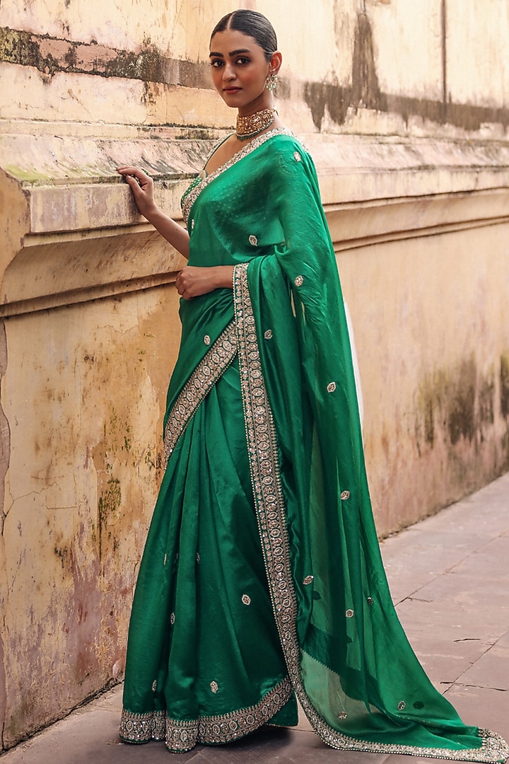 Green Pure Silk Zardosi Embroidered Reception Saree Set by Vinita Bhansali at Pernia's Pop Up Shop