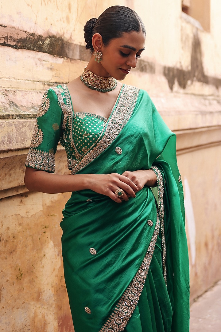 Green Pure Silk Zardosi Embroidered Reception Saree Set by Vinita Bhansali at Pernia's Pop Up Shop