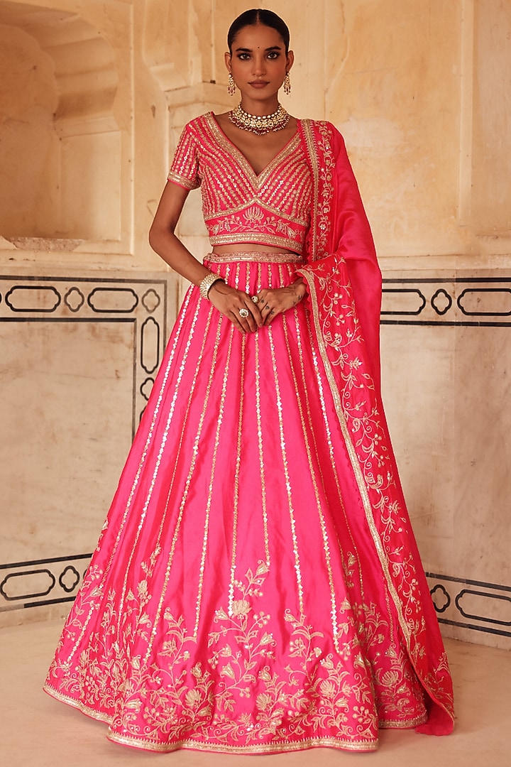 Pink Pure Silk Zardosi Embroidered Bridal Lehenga Set by Vinita Bhansali at Pernia's Pop Up Shop