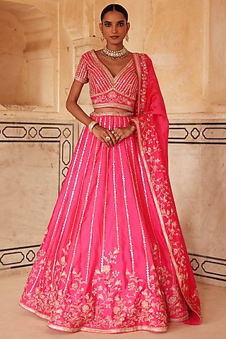 Pink Pure Silk Zardosi Embroidered Lehenga Set by Vinita Bhansali