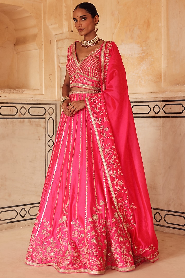 Pink Pure Silk Zardosi Embroidered Bridal Lehenga Set by Vinita Bhansali at Pernia's Pop Up Shop