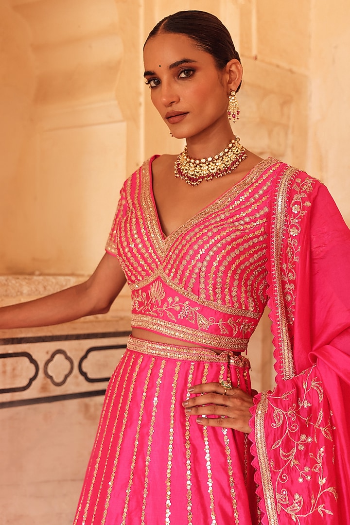 Pink Pure Silk Zardosi Embroidered Bridal Lehenga Set by Vinita Bhansali at Pernia's Pop Up Shop