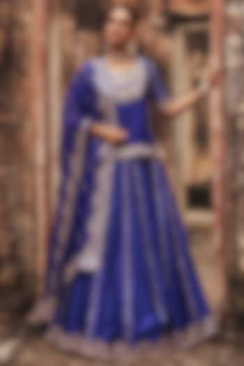 Blue Pure Silk Zardosi Embroidered Wedding Lehenga Set by Vinita Bhansali at Pernia's Pop Up Shop