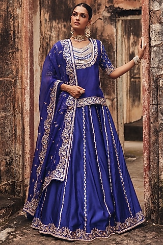 Blue Pure Silk Zardosi Embroidered Lehenga Set by Vinita Bhansali
