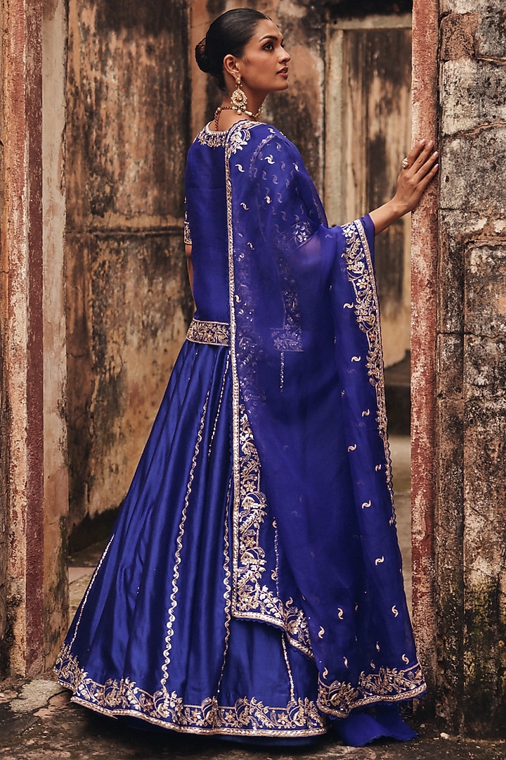 Blue Pure Silk Zardosi Embroidered Wedding Lehenga Set by Vinita Bhansali at Pernia's Pop Up Shop