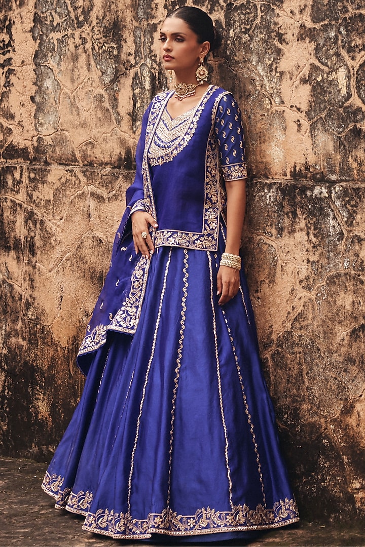 Blue Pure Silk Zardosi Embroidered Wedding Lehenga Set by Vinita Bhansali at Pernia's Pop Up Shop