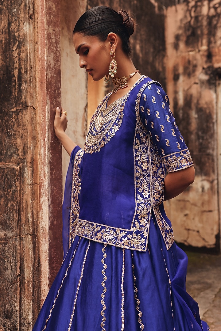 Blue Pure Silk Zardosi Embroidered Wedding Lehenga Set by Vinita Bhansali at Pernia's Pop Up Shop