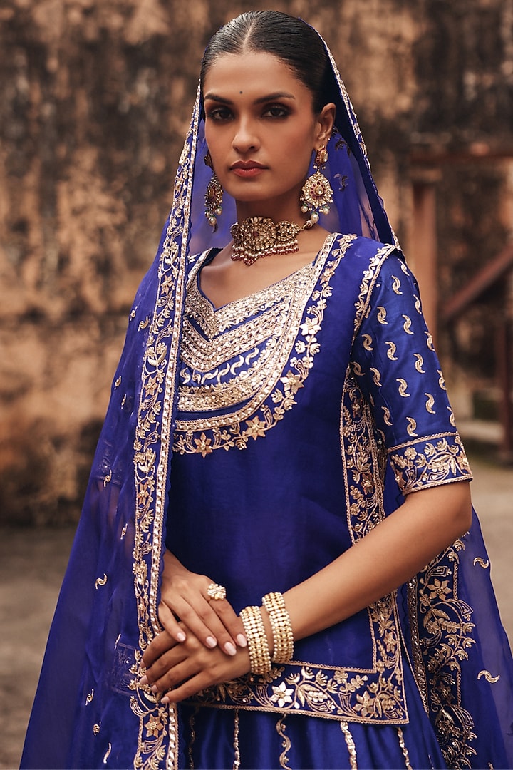 Blue Pure Silk Zardosi Embroidered Wedding Lehenga Set by Vinita Bhansali at Pernia's Pop Up Shop
