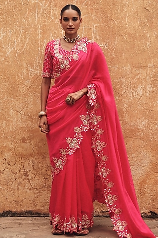 Red Pure Silk Zardosi Embroidered Saree Set by Vinita Bhansali