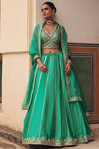 Green Pure Silk Zardosi Embroidered Lehenga Set by Vinita Bhansali
