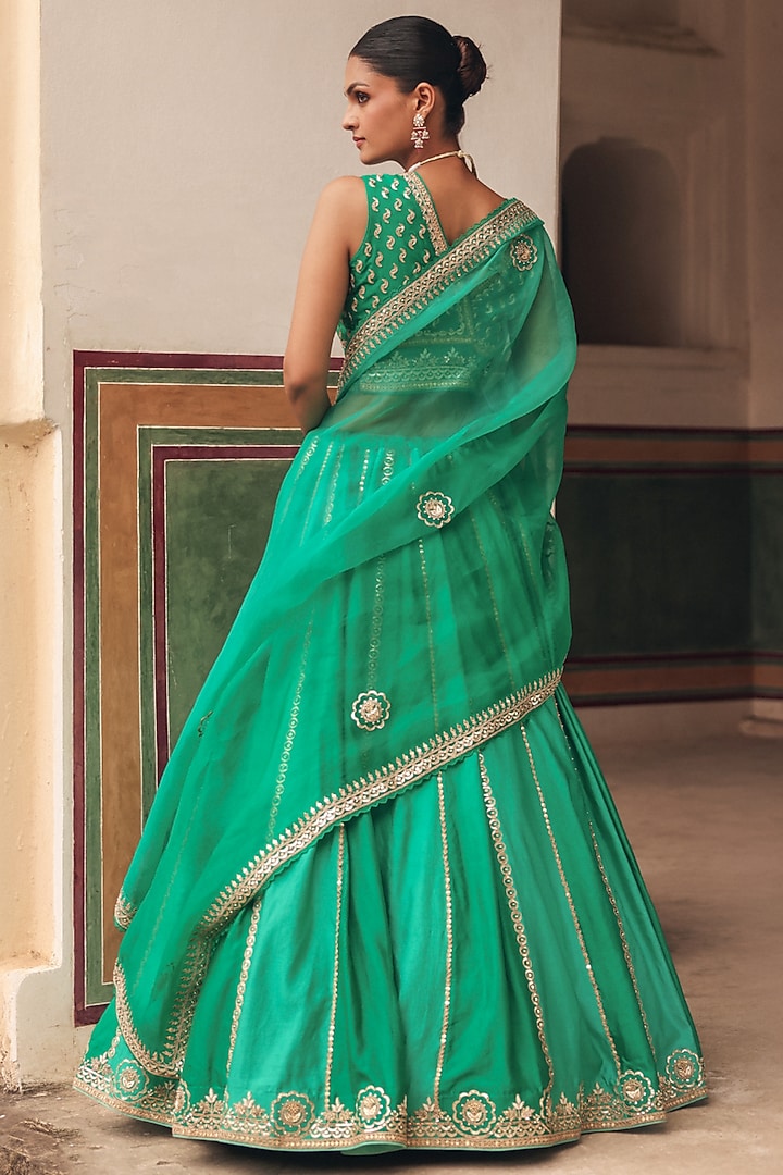 Green Pure Silk Zardosi Embroidered Wedding Lehenga Set by Vinita Bhansali at Pernia's Pop Up Shop