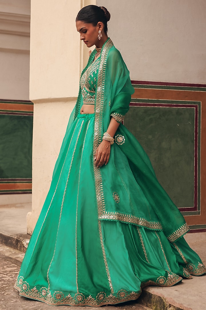 Green Pure Silk Zardosi Embroidered Wedding Lehenga Set by Vinita Bhansali at Pernia's Pop Up Shop