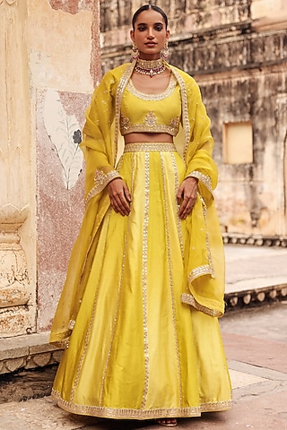 Apple Green Pure Silk Zardosi Embroidered Lehenga Set by Vinita Bhansali