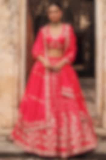 Red Pure Silk Zardosi Embroidered Bridal Lehenga Set by Vinita Bhansali at Pernia's Pop Up Shop