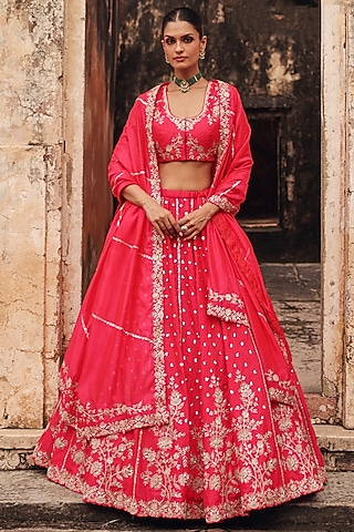Red Pure Silk Zardosi Embroidered Lehenga Set by Vinita Bhansali