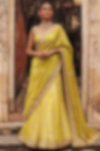 Apple Green Pure Silk Zardosi Embroidered Reception Lehenga Saree Set by Vinita Bhansali at Pernia's Pop Up Shop