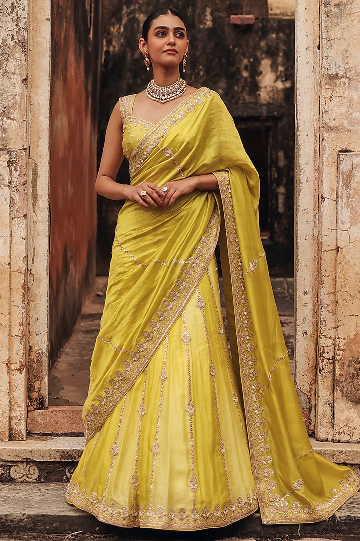 Apple Green Pure Silk Zardosi Embroidered Reception Lehenga Saree Set by Vinita Bhansali at Pernia's Pop Up Shop