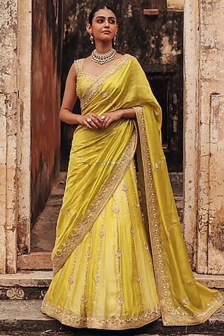 Apple Green Pure Silk Zardosi Embroidered Lehenga Saree Set by Vinita Bhansali