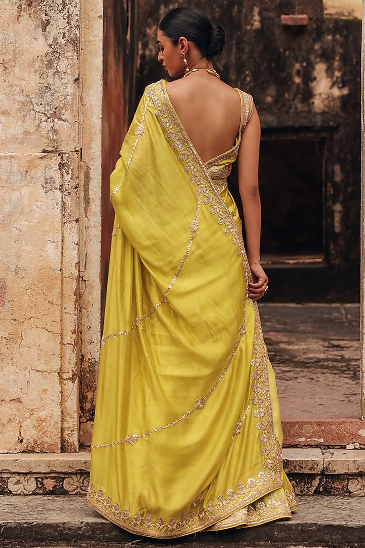 Apple Green Pure Silk Zardosi Embroidered Reception Lehenga Saree Set by Vinita Bhansali at Pernia's Pop Up Shop
