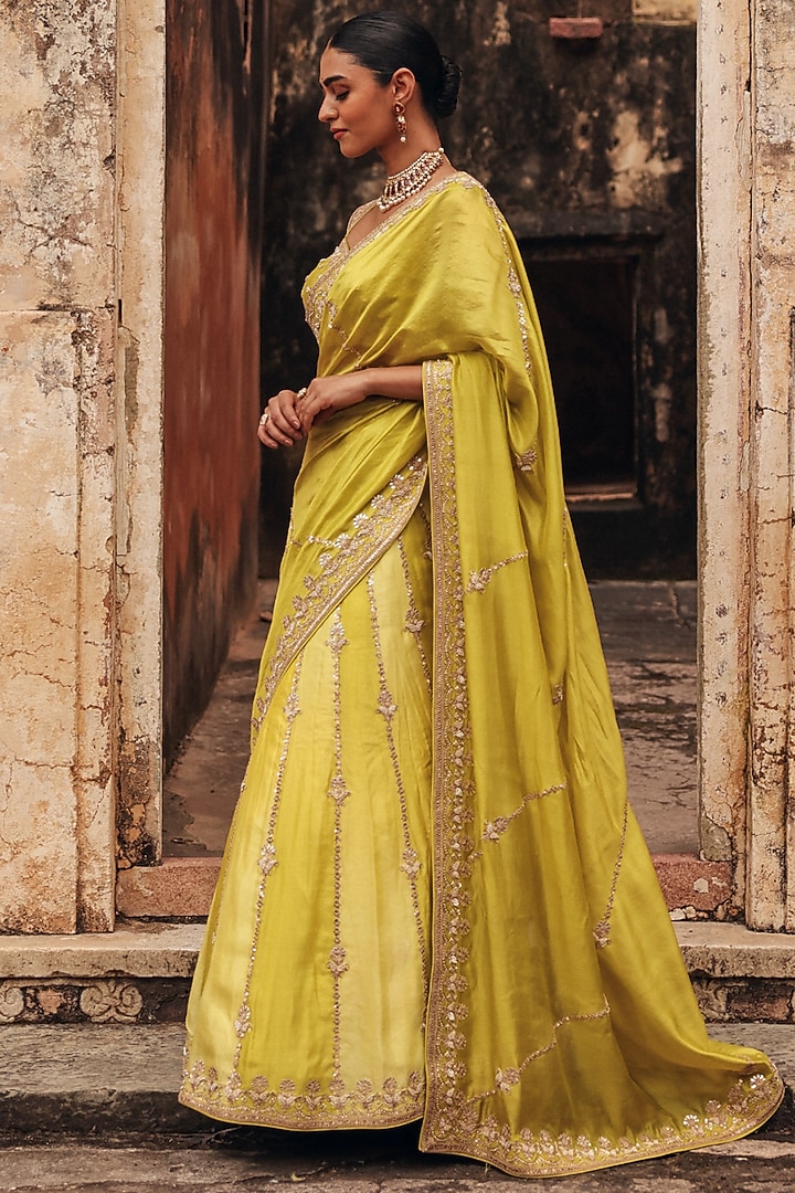 Apple Green Pure Silk Zardosi Embroidered Reception Lehenga Saree Set by Vinita Bhansali at Pernia's Pop Up Shop