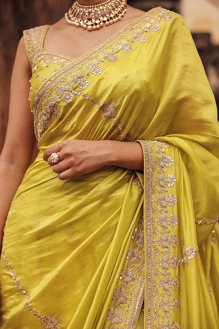 Apple Green Pure Silk Zardosi Embroidered Reception Lehenga Saree Set by Vinita Bhansali at Pernia's Pop Up Shop