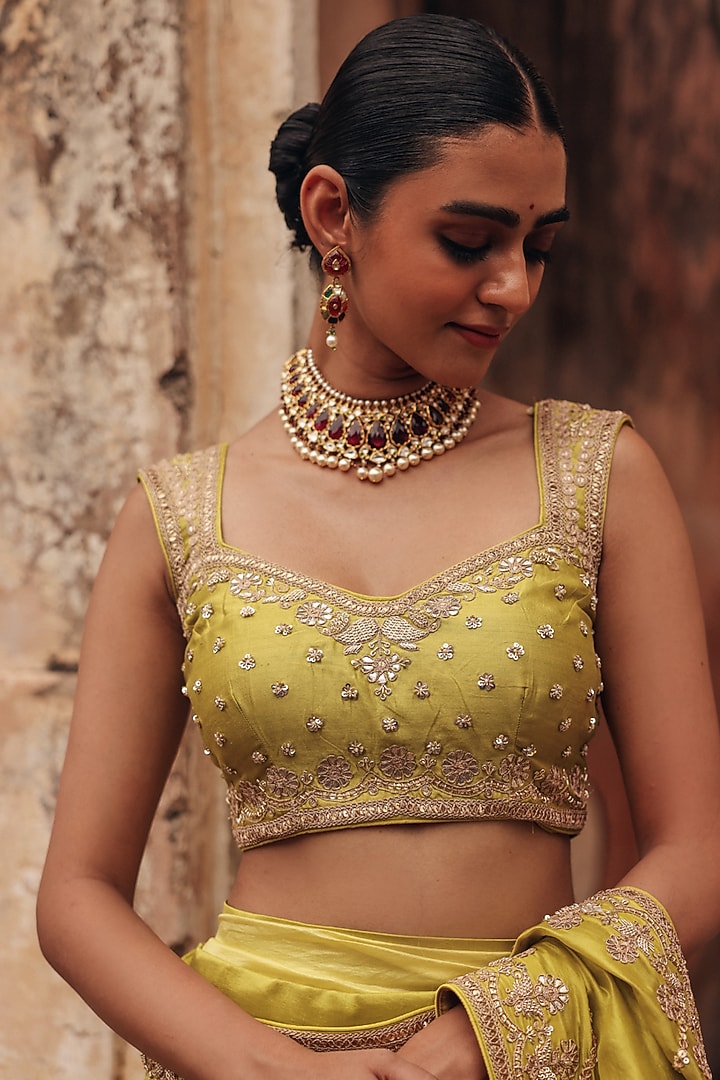 Apple Green Pure Silk Zardosi Embroidered Reception Lehenga Saree Set by Vinita Bhansali at Pernia's Pop Up Shop