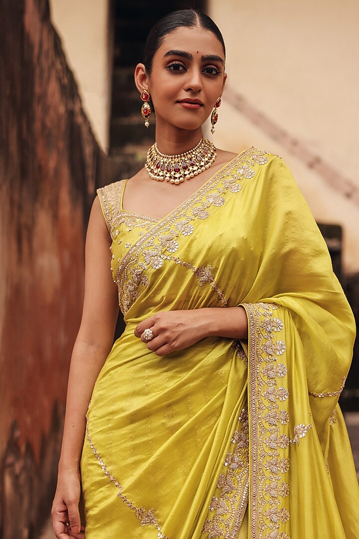 Apple Green Pure Silk Zardosi Embroidered Reception Lehenga Saree Set by Vinita Bhansali at Pernia's Pop Up Shop