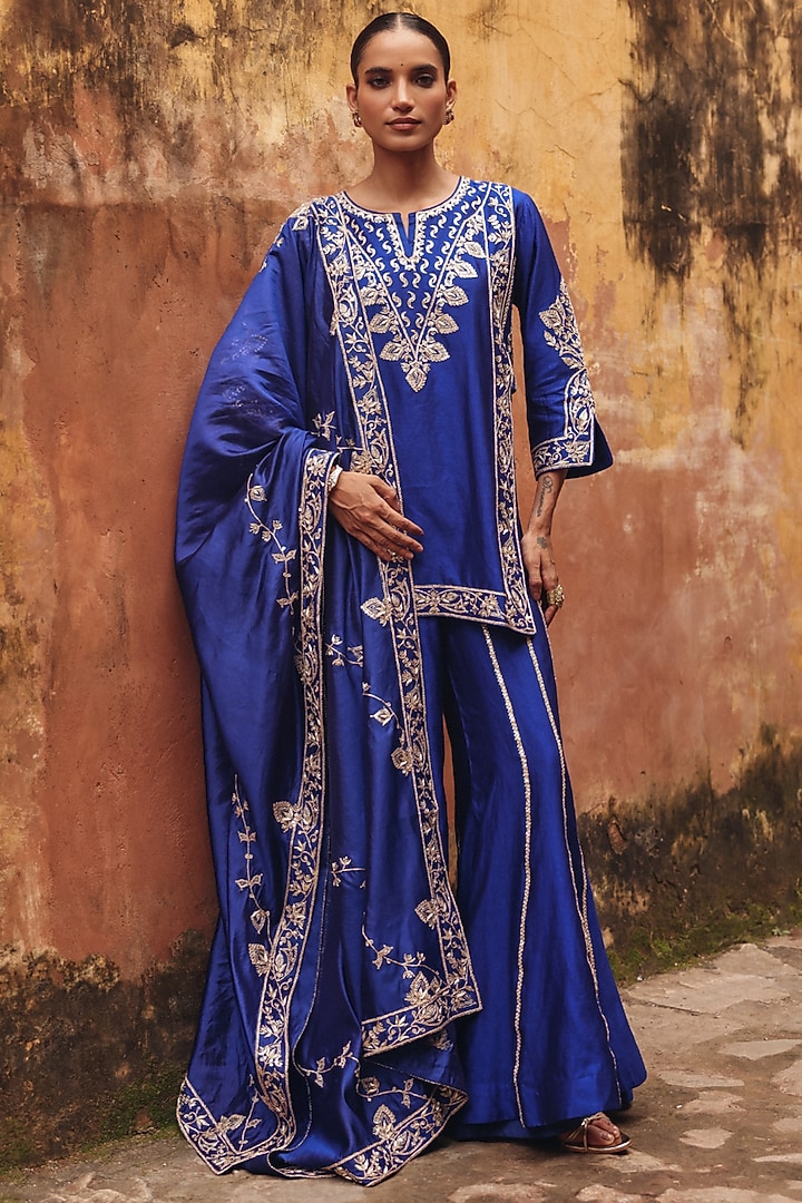 Blue Pure Silk Zardosi Embroidered Bridal Sharara Set by Vinita Bhansali at Pernia's Pop Up Shop