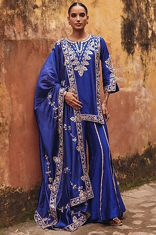 Blue Pure Silk Zardosi Embroidered Sharara Set by Vinita Bhansali