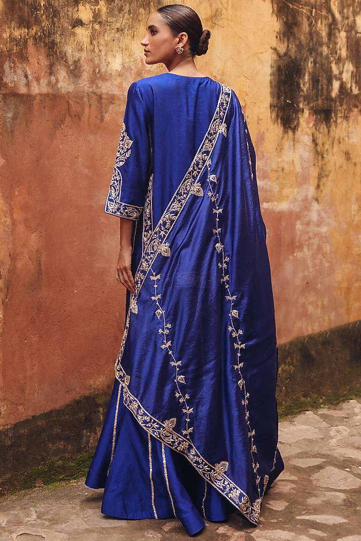 Blue Pure Silk Zardosi Embroidered Bridal Sharara Set by Vinita Bhansali at Pernia's Pop Up Shop
