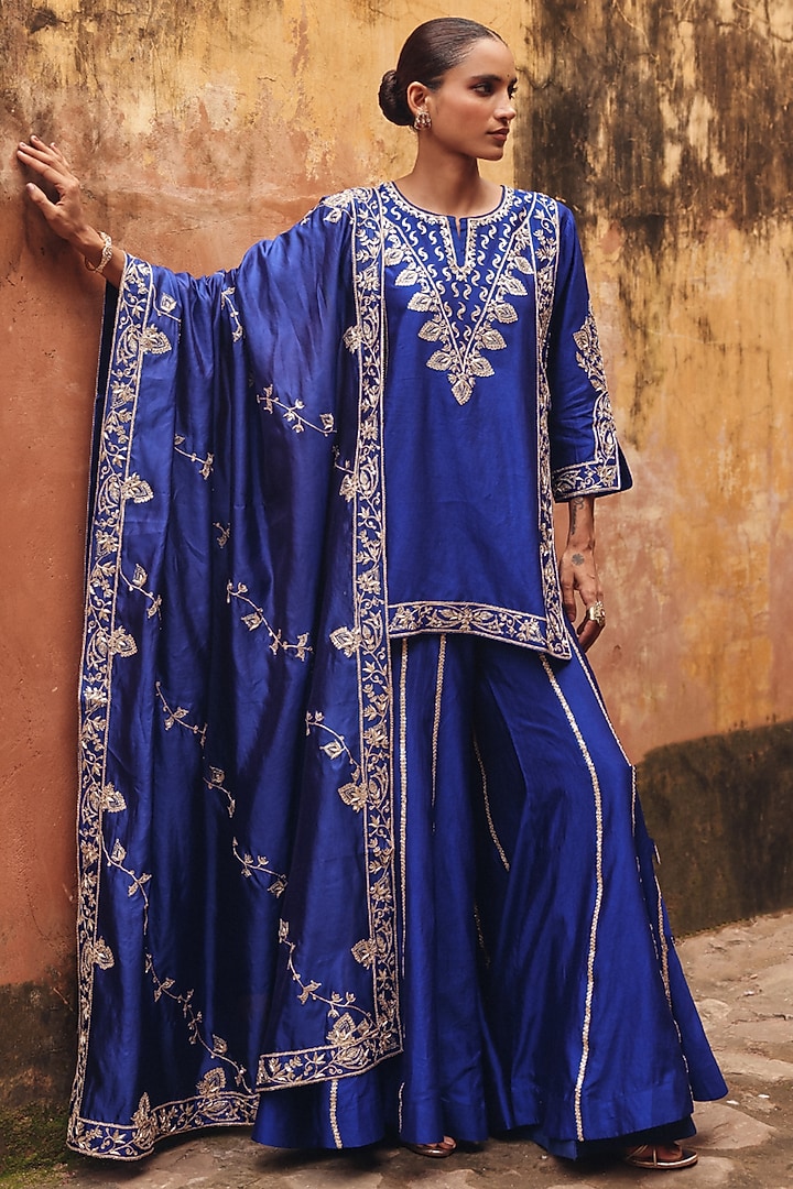 Blue Pure Silk Zardosi Embroidered Bridal Sharara Set by Vinita Bhansali at Pernia's Pop Up Shop