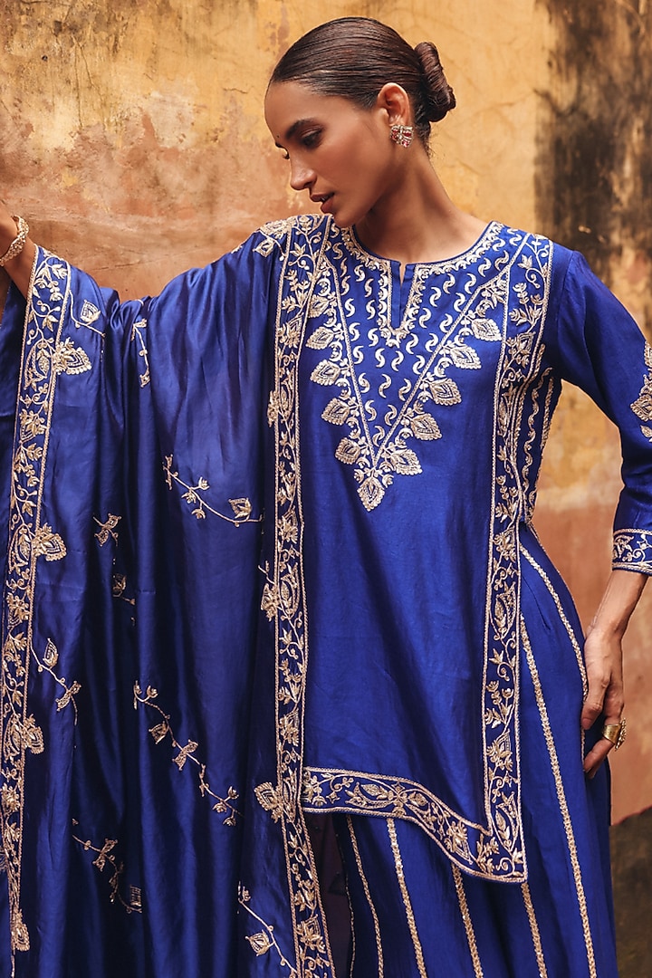 Blue Pure Silk Zardosi Embroidered Bridal Sharara Set by Vinita Bhansali at Pernia's Pop Up Shop