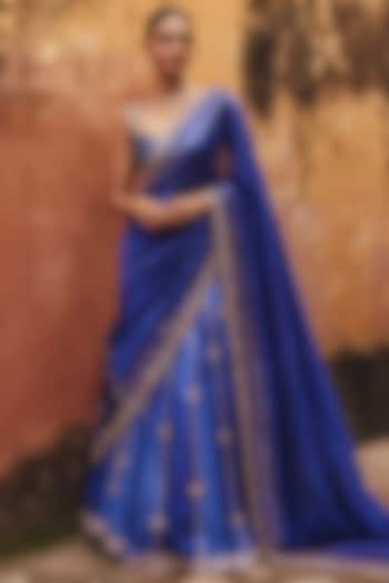 Blue Pure Silk Zardosi Embroidered Reception Lehenga Saree Set by Vinita Bhansali at Pernia's Pop Up Shop
