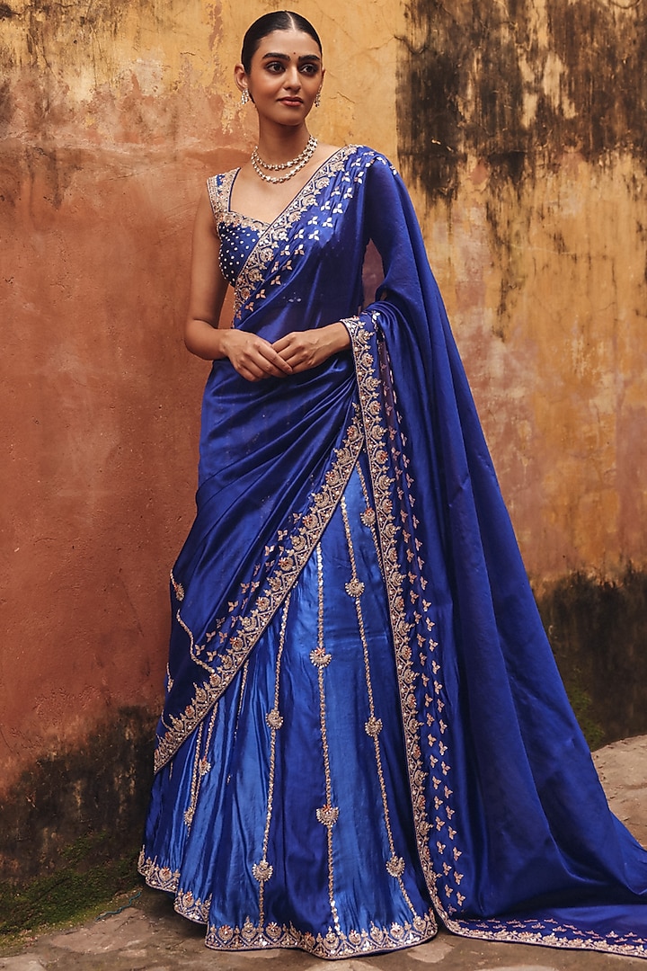 Blue Pure Silk Zardosi Embroidered Reception Lehenga Saree Set by Vinita Bhansali at Pernia's Pop Up Shop