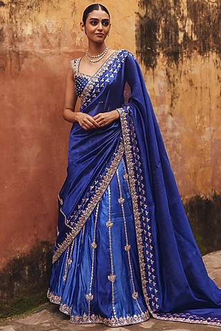 Blue Pure Silk Zardosi Embroidered Lehenga Saree Set by Vinita Bhansali