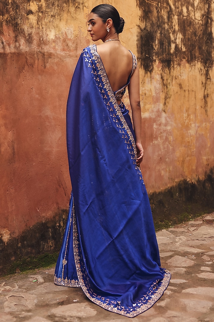 Blue Pure Silk Zardosi Embroidered Reception Lehenga Saree Set by Vinita Bhansali at Pernia's Pop Up Shop
