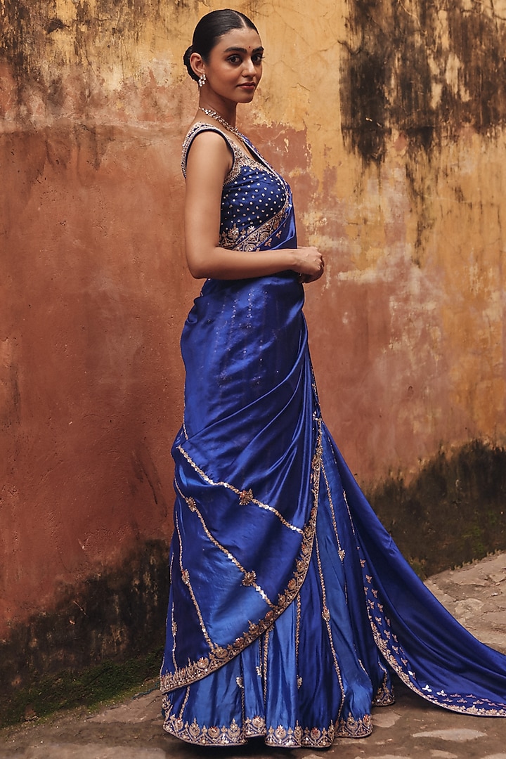 Blue Pure Silk Zardosi Embroidered Reception Lehenga Saree Set by Vinita Bhansali at Pernia's Pop Up Shop