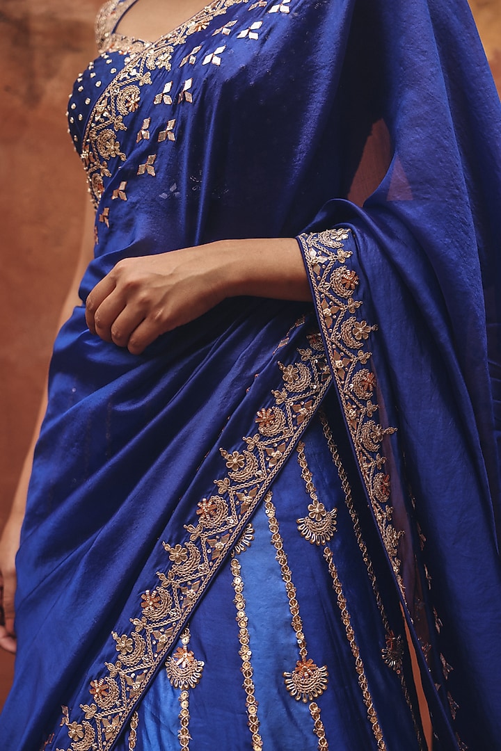 Blue Pure Silk Zardosi Embroidered Reception Lehenga Saree Set by Vinita Bhansali at Pernia's Pop Up Shop