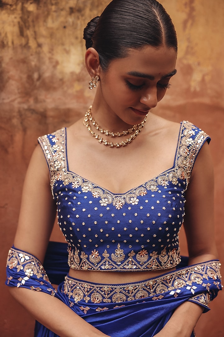 Blue Pure Silk Zardosi Embroidered Reception Lehenga Saree Set by Vinita Bhansali at Pernia's Pop Up Shop